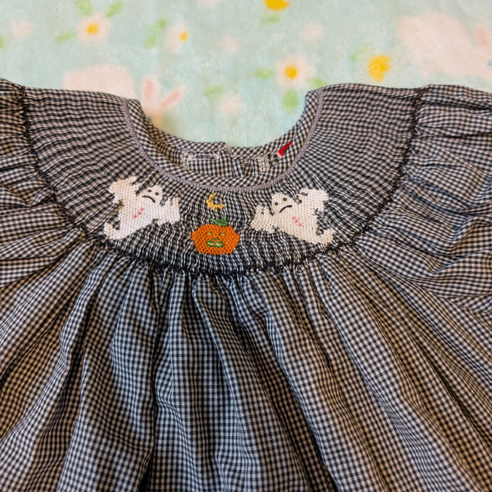 Chocolate Soup Embroidered Halloween Ghosts Black White Gingham Toddler Dress - Picture 4 of 10